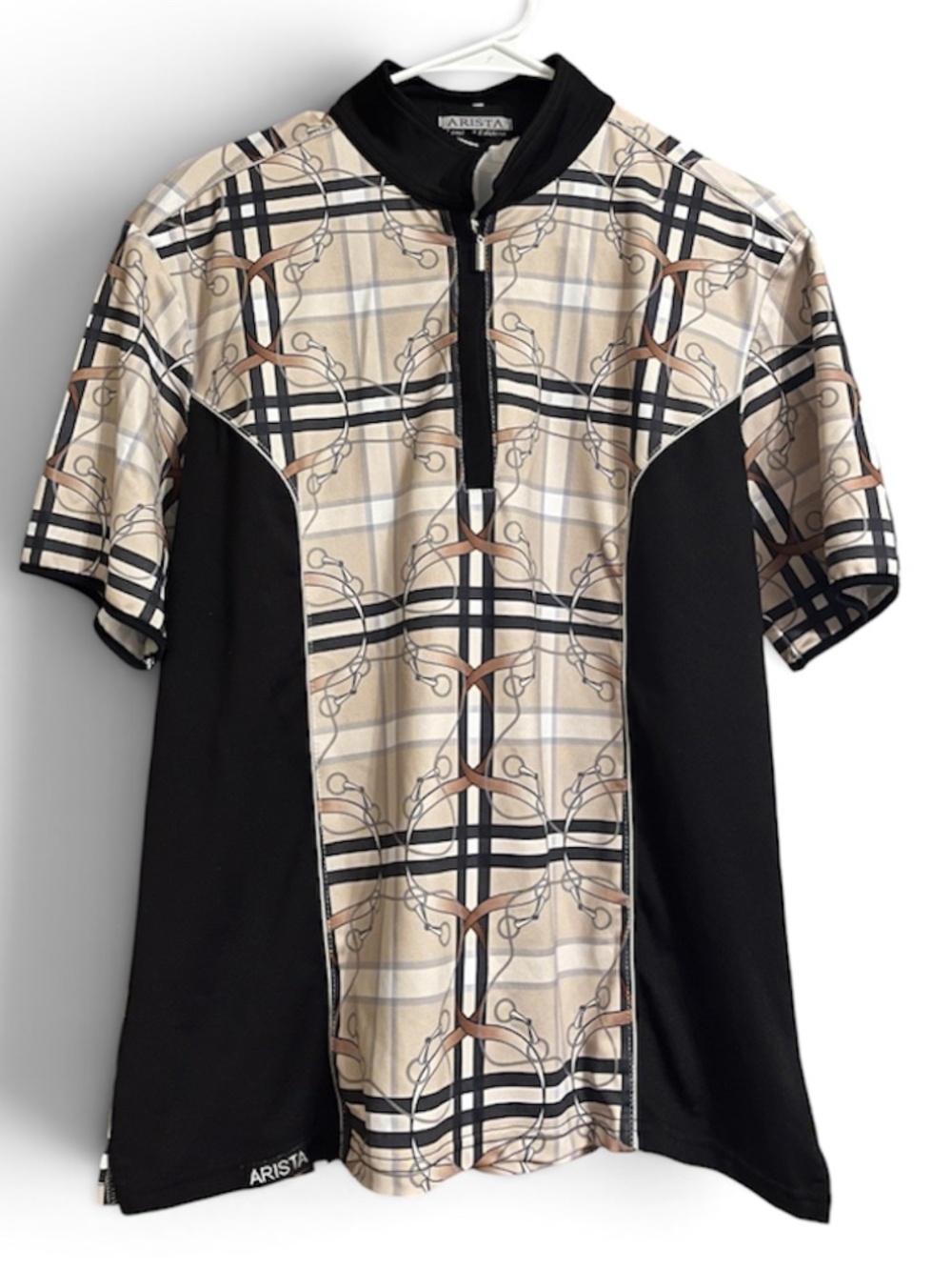 Arista Limited Edition Women Black Cream Beige Equestrian Print Sporty Shirt XL